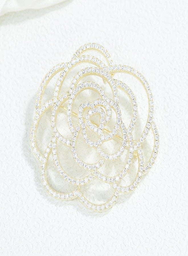 VVCome Sparkling Crystal Cut Rose Flower Pave Crystal Camellia Boutonniere Pin Brooch Corsage Blooming Heart Shaped Floral Jewelry for Women (Large Gold) - Image 3